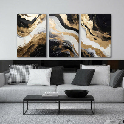 Palette Dreams 3 Piece Framed Black And White Abstract Canvas Wall Art, Black Gold Canvas Black Marble Picture Wall Decor, Modern Gold Foil Art Poster Print for Living Room Bedroom Bathroom 20x30 Inch