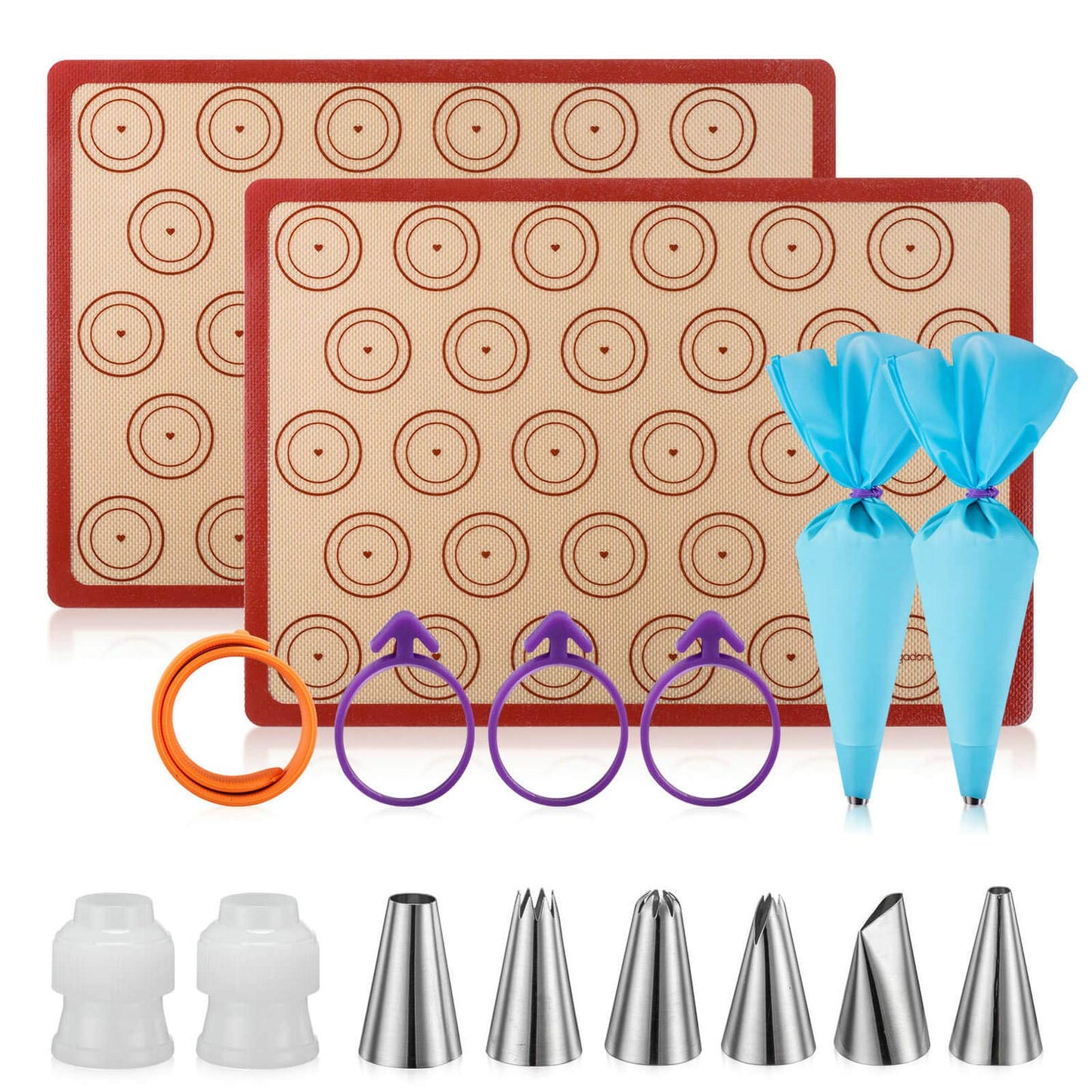 Angadona Macaron Silicone Baking Mats Kit (16pcs set) Macaroon Baking Mat Set of 2 Half Sheet Macaron Silicone Mat Nonstick Macaron Mat Sheet,6 Piping Tip,2 Piping Bag with 3 Bag Tie,2 coupler