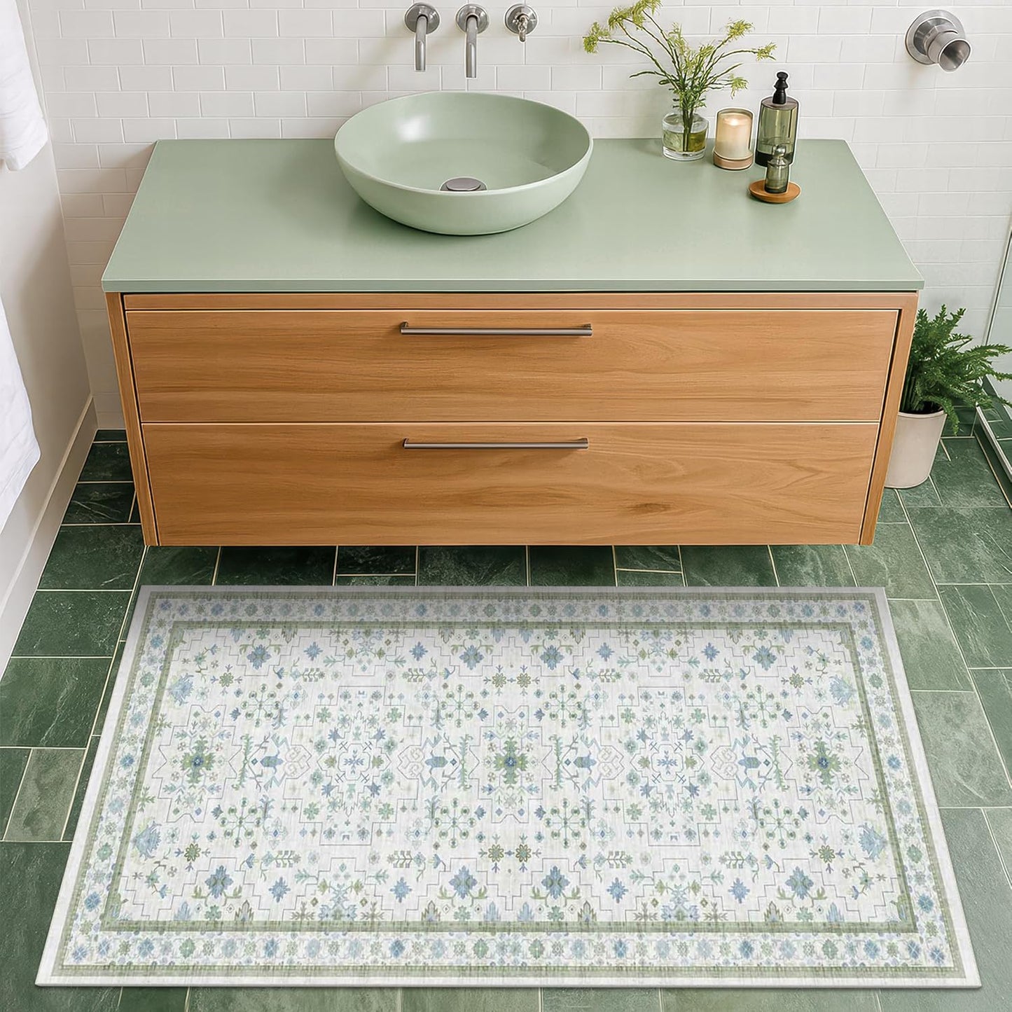 Oushak Boho Bathroom Rug - Cream Green & Blue Floral Design, Washable Non-Slip Low Pile, 2x4 ft