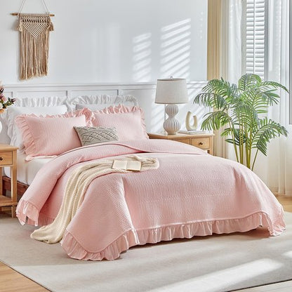 Flysheep Pink Ruffle Quilt Set Twin Size, 2 Pieces Shabby Chic Farmhouse Striped Bedspread Coverlet Set, Solid Lightweight Soft Microfiber Bed Cover for Kids (1 Ruffled Quilt + 1 Pillow Sham)