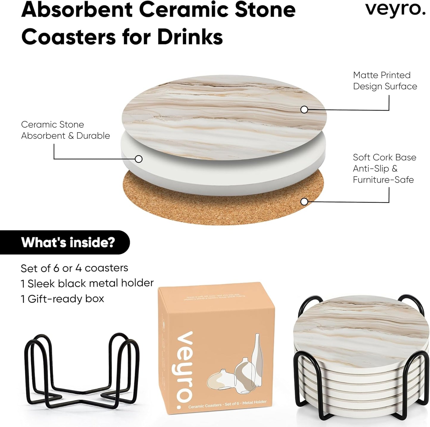 Veyro Set 6 Ceramic Coasters of Absorbent Stone Drink Coasters with Holder, Non-Slip Cork Backing, Modern Marble Look