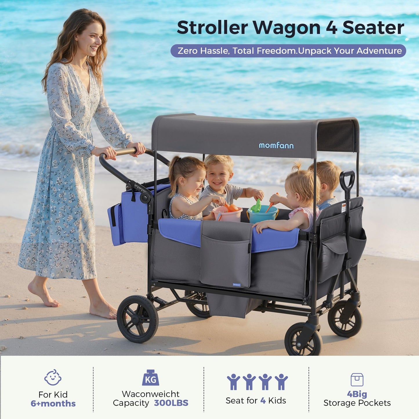 MOMFANN Wagon Stroller for 4 Kids, All-Terrain 4-Seater Folding Wagon with 5-Point Harness, Adjustable Push-Pull Handle, Removable Canopy, Oversized Storage Organizer, Compact Fold - Grey