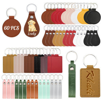60Pcs PU Leather Key Fob Blanks with Key Rings, Multi Colors Round, Teardrop, Rectangular, Long Strip Keychain Blanks for Laser Engraving, DIY Leather Stamping, Crafting and Keychain Making