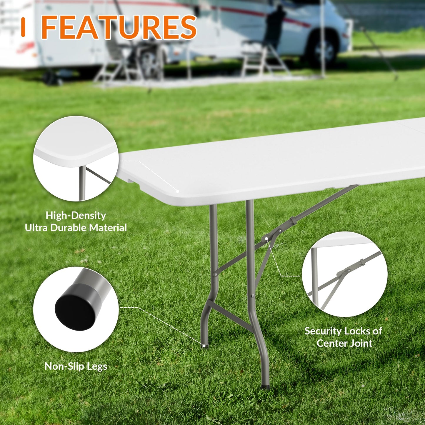 Elevon Folding Table Set with 10 White Folding Chairs,8 Feet Heavy Duty Fold-in-Half Utility Table Sets for Picnic, Event, Training, Outdoor Activities, at Home and Commercial Use
