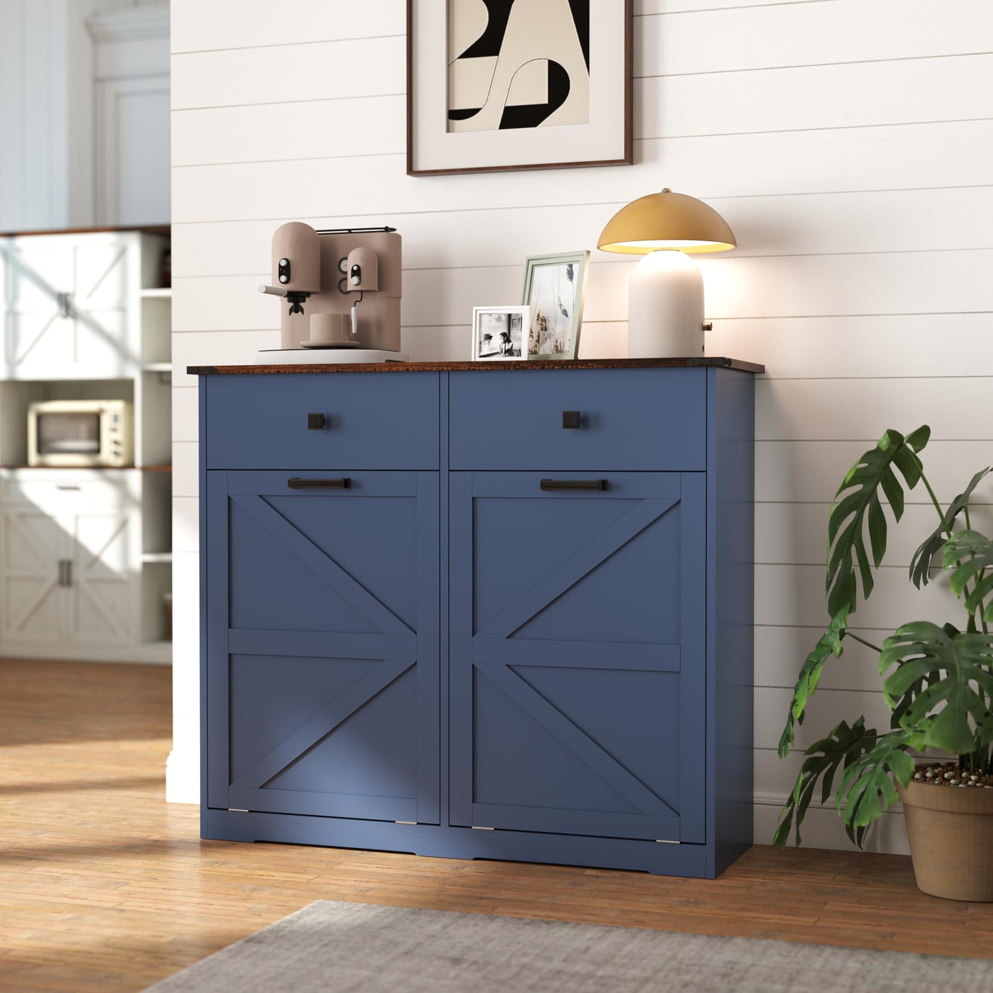 Farmhouse Trash Cabinet with Tilt Out Bins Recycling Cabinets, Kitchen Trash Can, Barn Door Style Recycling Storage, Barn Door Cabinet Hideaway Drawer Removable Laundry Sorter (Antique Navy Blue)
