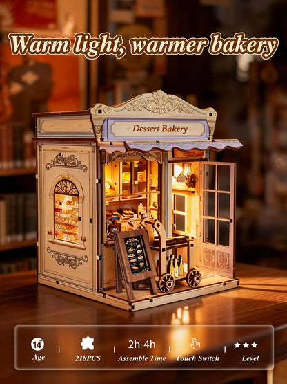 Book Nook Kit - DIY Miniature House Bakery Patisserie Dollhouse Kit for Adults and Teens, Booknook Tiny House Bakery Shop Bookshelf Decor 3D Wooden Puzzle, Gifts for Family, Friends (with Glue)