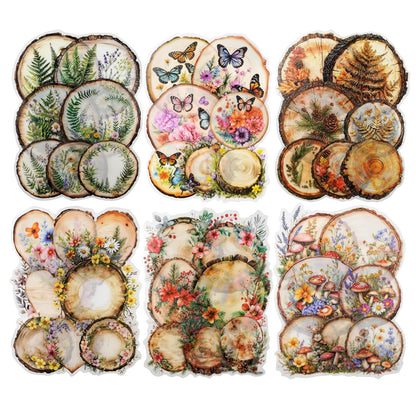 MiyouLuna 60 PCS Nature PET Stickers, Faux Wood Slice Botanical Stickers with Mushrooms, Flowers, and Butterflies for Scrapbooking, Journaling, and DIY Crafts