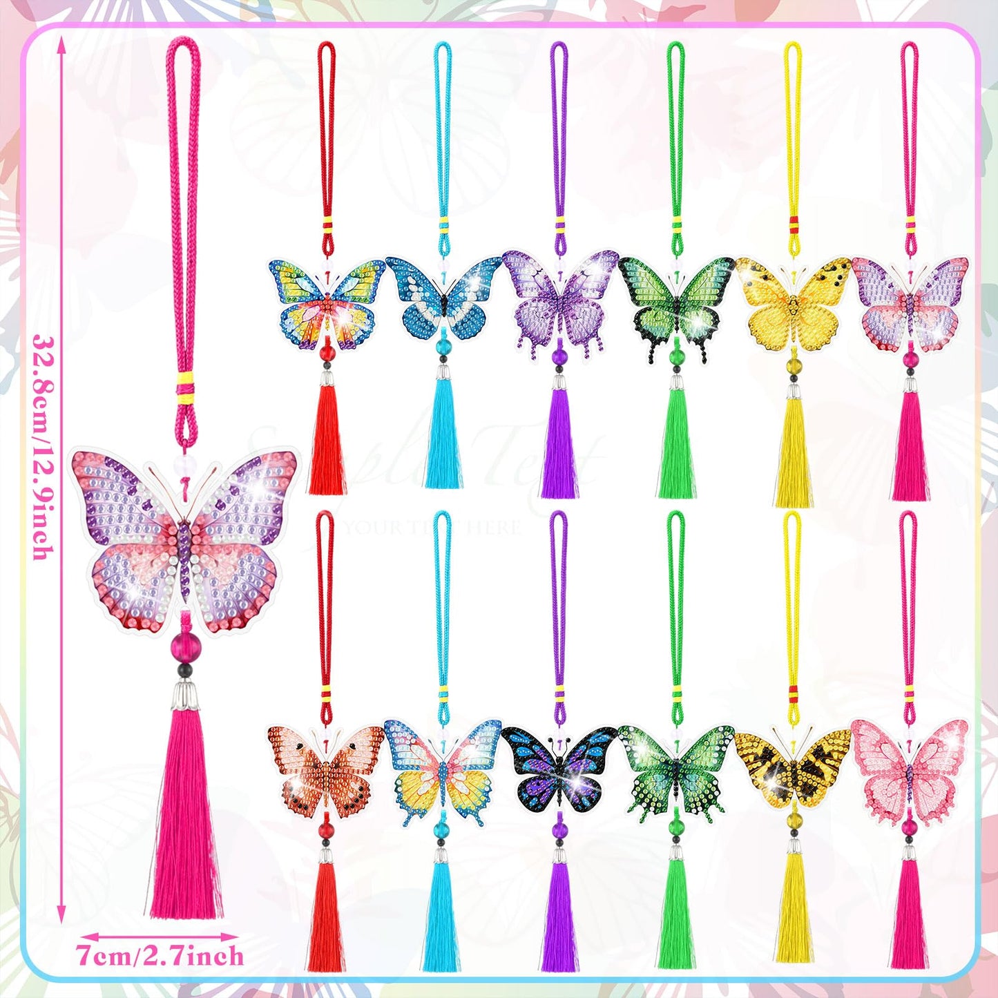 JenPen 12 Pcs Butterfly Diamond Art Kits Diamond Painting Car Ornaments Double Sided Butterfly Painting Keychain Hanging Ornament DIY Crafts Crystal Gem Paint for Adult Beginner Gifts