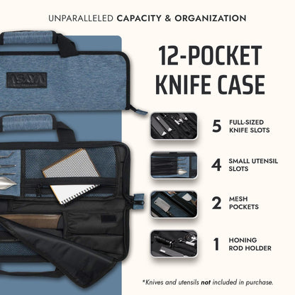 Asaya Chef Knife Roll Bag - 12-Pocket Chefs Case for Kitchen Knives and Utensils, Lightweight Stain-Resistant Waxed Nylon Chef Knife Bag - Knives Not Included (Blue)