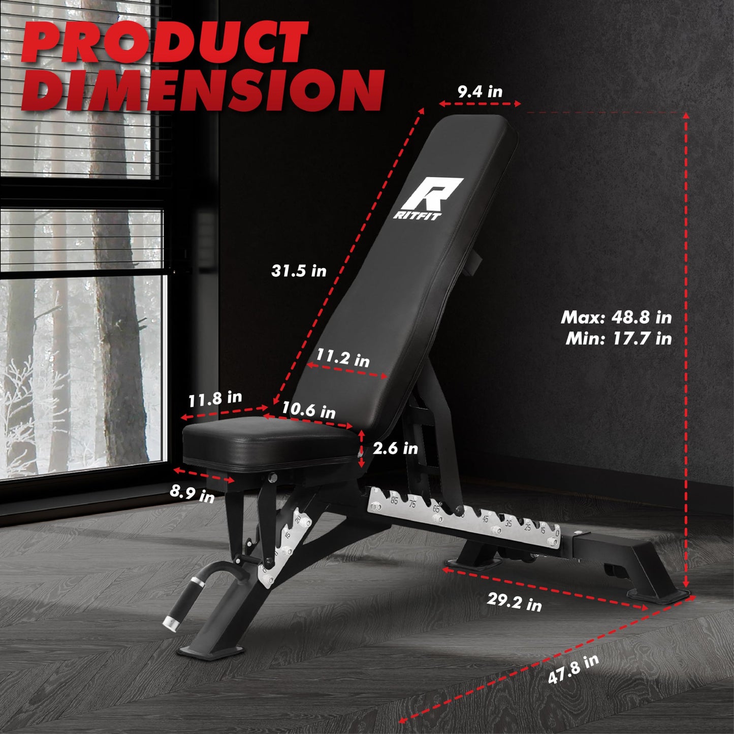 RITFIT Adjustable Weight Bench with Multiple Back Positions for Full Body Workouts, Incline, Decline, and Flat Settings for Home Gym Strength Training, 1300LB Capacity (Black,with 2x5lb rubber dumbbells)