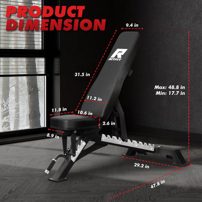 RITFIT Adjustable Weight Bench with Multiple Back Positions for Full Body Workouts, Incline, Decline, and Flat Settings for Home Gym Strength Training, 1300LB Capacity (Black,with 2x5lb rubber dumbbells)