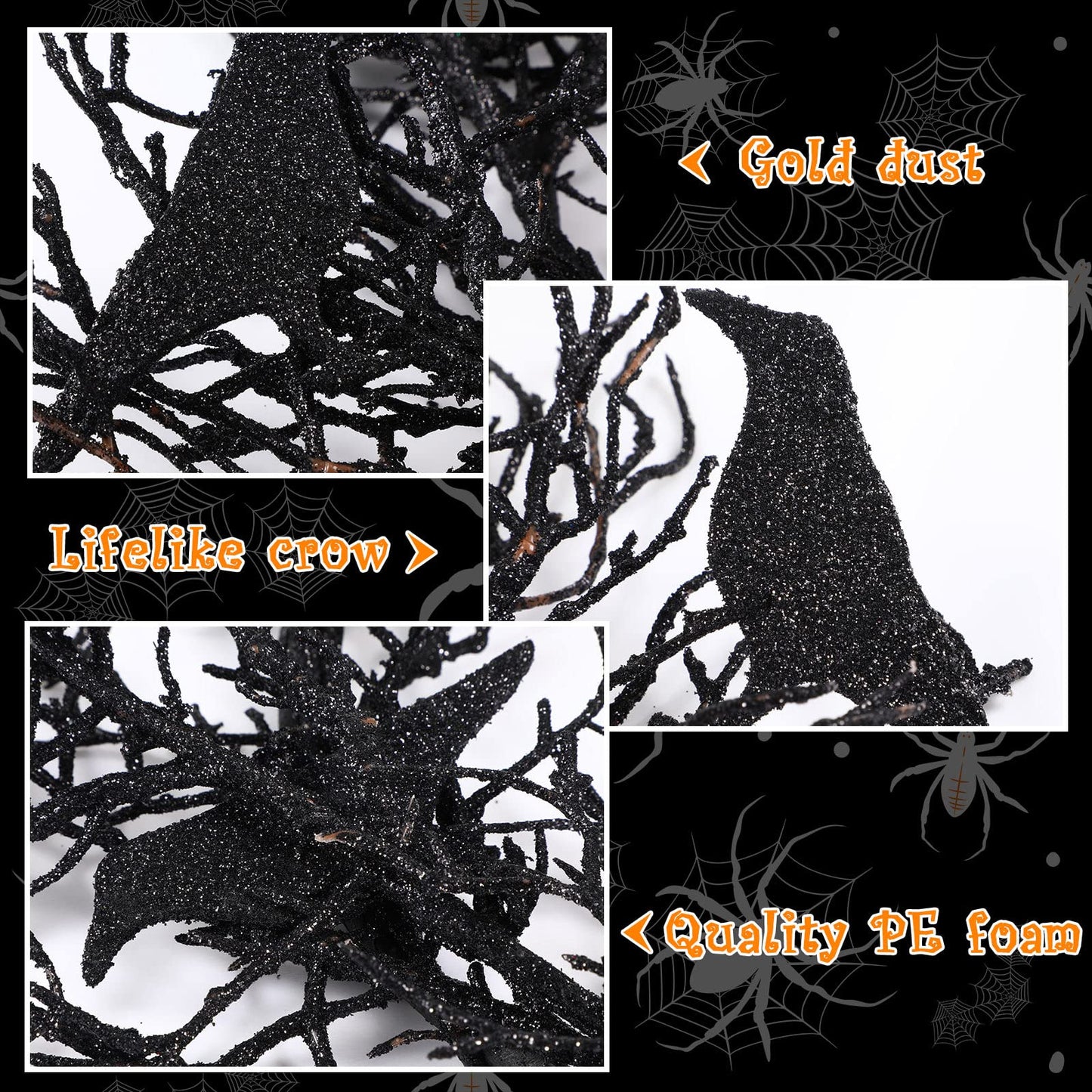 Cindeer 14 Inches Black Halloween Crow Wreath with Glitter Crow Decorations