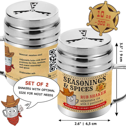 CUSINIUM [Pack of 2] 10 oz Seasonings Spice Shakers, BBQ Dry Rub Shakers with Adjustable Fan-Style Lid and Handles