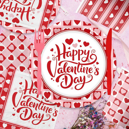 144Pcs Valentine's Day Party Plates and Napkins,Valentines Day Party Supplies Red Pink Love Heart Valentines Day Theme Tableware Set for Valentine Birthday Wedding Serve 24