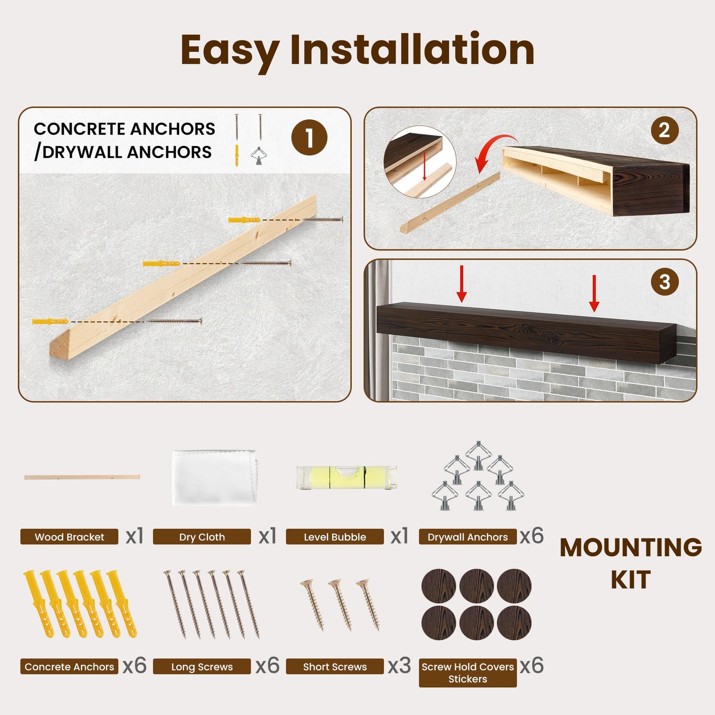 Acovy Floating Fireplace Mantel Shelves, 84x8x5 Inches Natural Wooden Floating Shelf for Over Fireplace, Wall-Mounted Mantel Shelf for Living Room and Home Decor, Rustic Brown