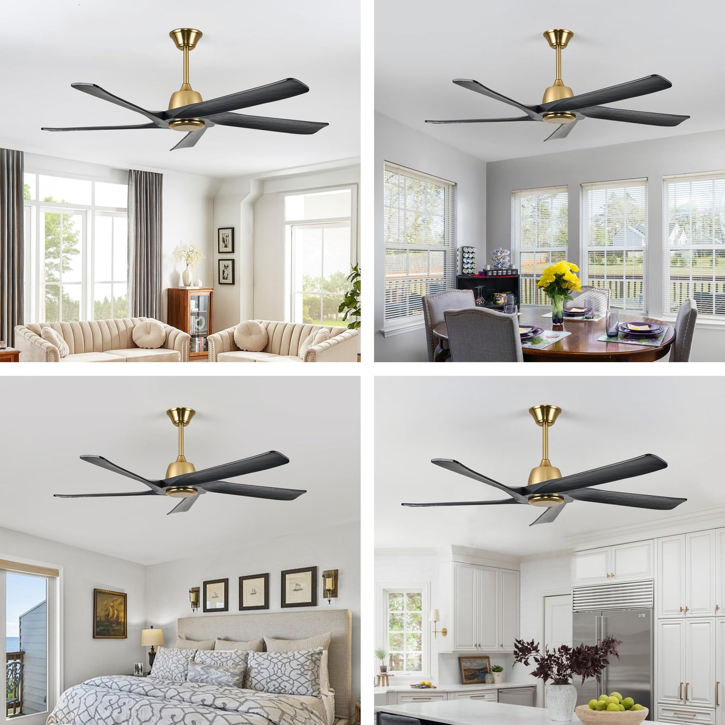 LVYEAYOU 60" Black and Gold Ceiling Fan No Lights, Remote and APP Control, 6-speed Reversible, Quiet DC Motor, Wood Ceiling Fans for Bedroom, Living Room, Office, Outdoor Patio