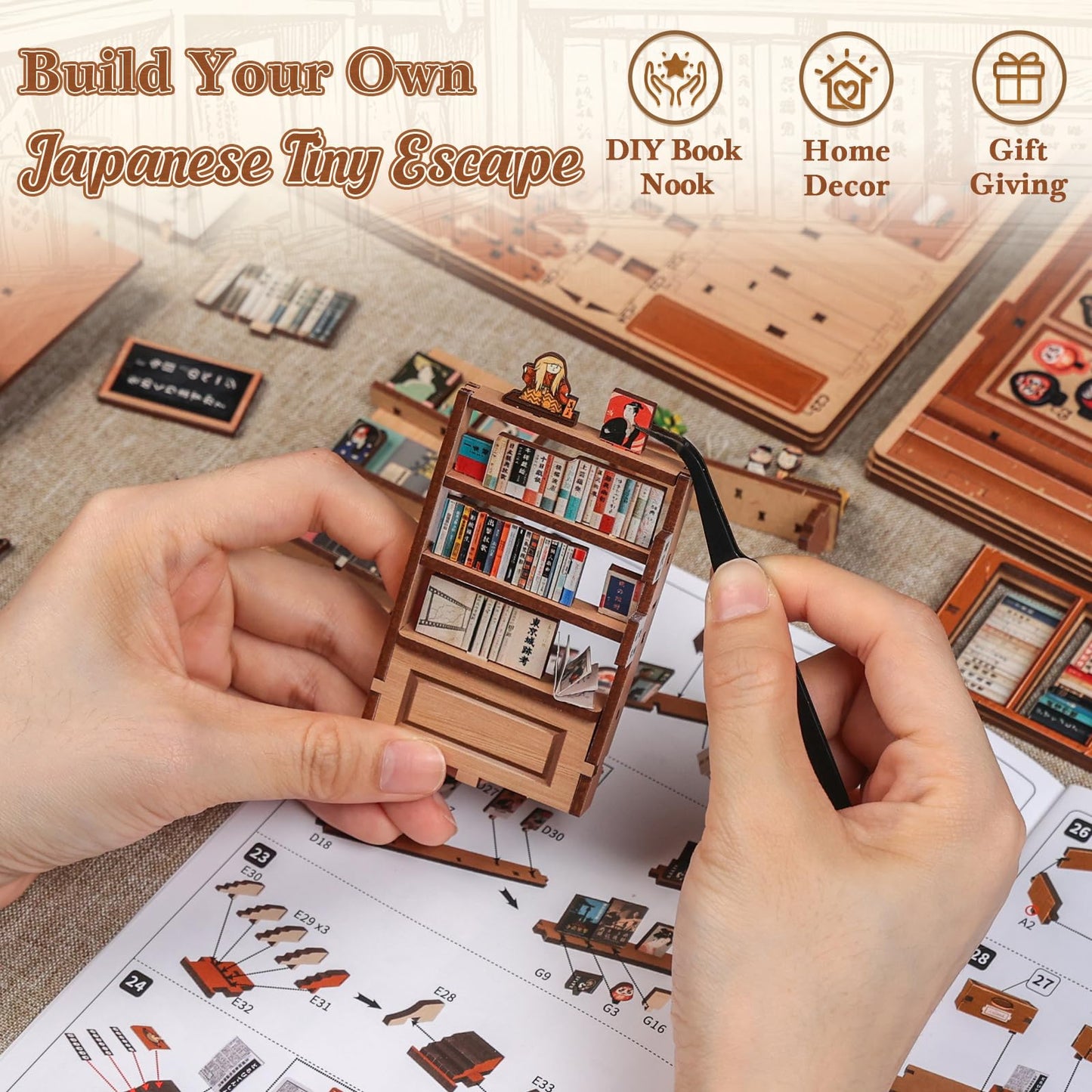 CUTEBEE Book Nook Kit - DIY Miniature House Japanese Kyoto Bookstore, Dollhouse Booknook for Adults, Tiny House Bookshelf Decor 3D Wooden Puzzle Gifts (Antique Bookery of Kyoto) - 333 Pieces