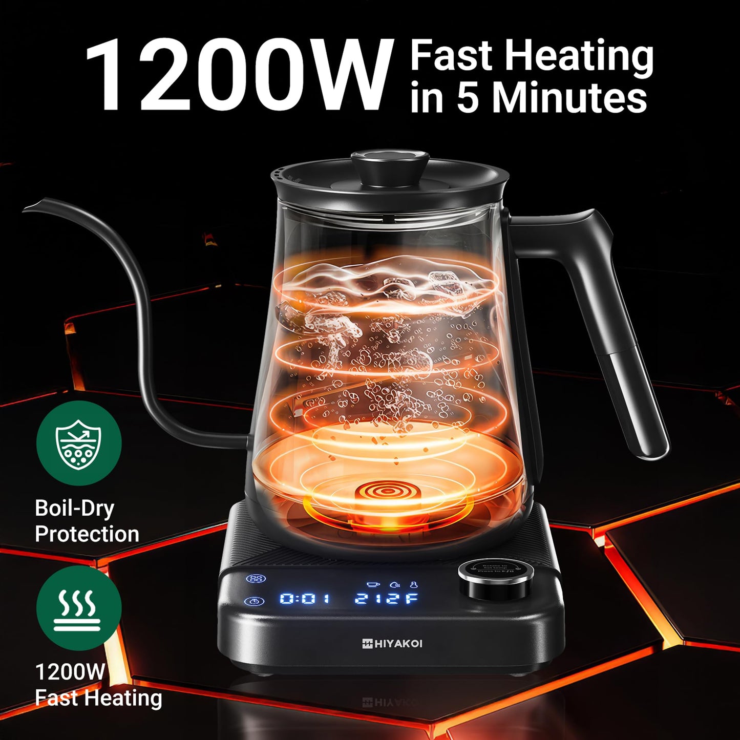 Gooseneck Electric Kettle HIYAKOI with ±1℉ Temperature Control, Pour Over Kettle for Coffee & Tea, 1200W Rapid Heating, Stainless Steel Water Boiler with 12H Keep Warm & Built-in Timer, 0.8L/27oz