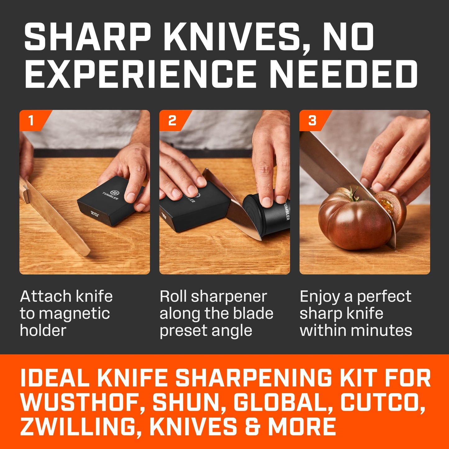 TUMBLER Pro Rolling Knife Sharpener™ - Knife Sharpening Made Easy - Ultimate Gift for Father's Day - Kit with Removable Disc System - 4-Layer Diamond Sharpening Disc & EdgeBoost Ceramic Disc (Black)