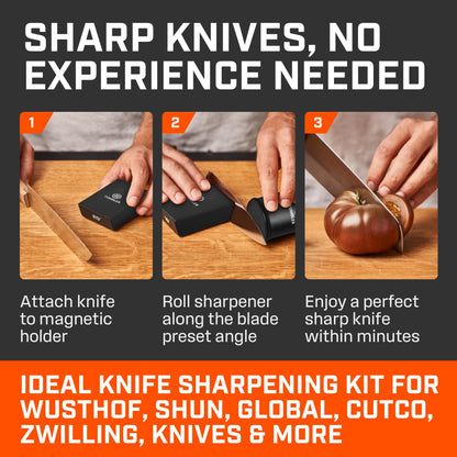 TUMBLER Pro Rolling Knife Sharpener™ - Knife Sharpening Made Easy - Ultimate Gift for Father's Day - Kit with Removable Disc System - 4-Layer Diamond Sharpening Disc & EdgeBoost Ceramic Disc (Black)