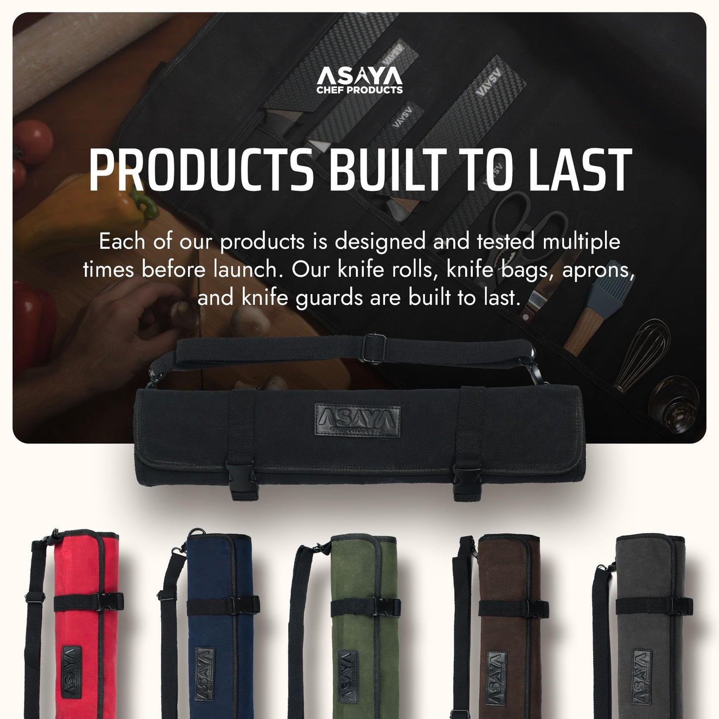 Asaya Waxed Canvas Chef Knife Roll Bag with 10 Slots and a Zipper Pocket - Professional Chef Knife Bag & Storage Case, with Shoulder Strap - Knives Not Included (Black)