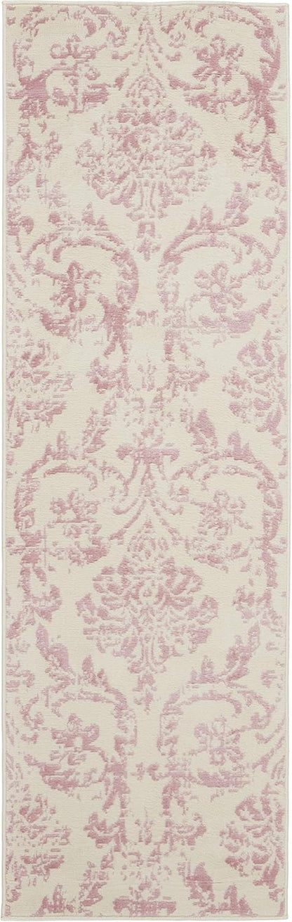 2'3'' 7'3'' (2x7) Nourison Home Jubilant Damask Ivory/Pink x Area-Rug, Easy-Cleaning, Non Shedding, Bed Room, Living