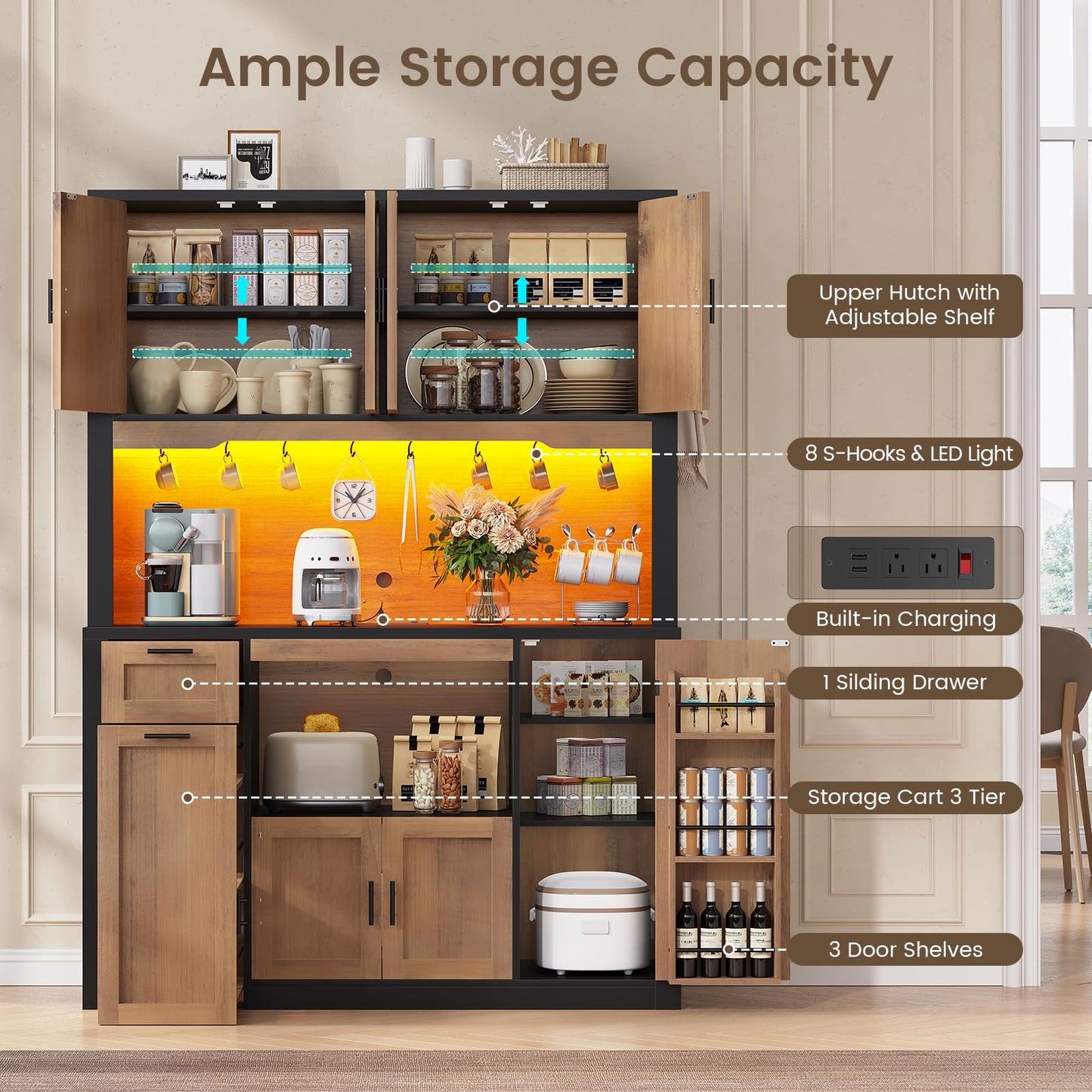 Itaar 71" Pantry Cabinet with Charging Station and LED Light, Kitchen Pantry Cabinet with Microwave Stand, 47.2" Wide Kitchen Storage Cabinets with Storage Cart 3 Tier for Dining Room (Brown)