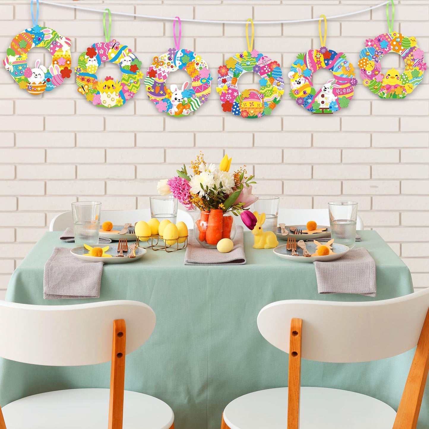 Hollowfly 48 Sets Easter Wreath Craft Kits DIY Wreath Hanging Ornaments Make Your Own Paper Craft with Stickers for Home Party Activities