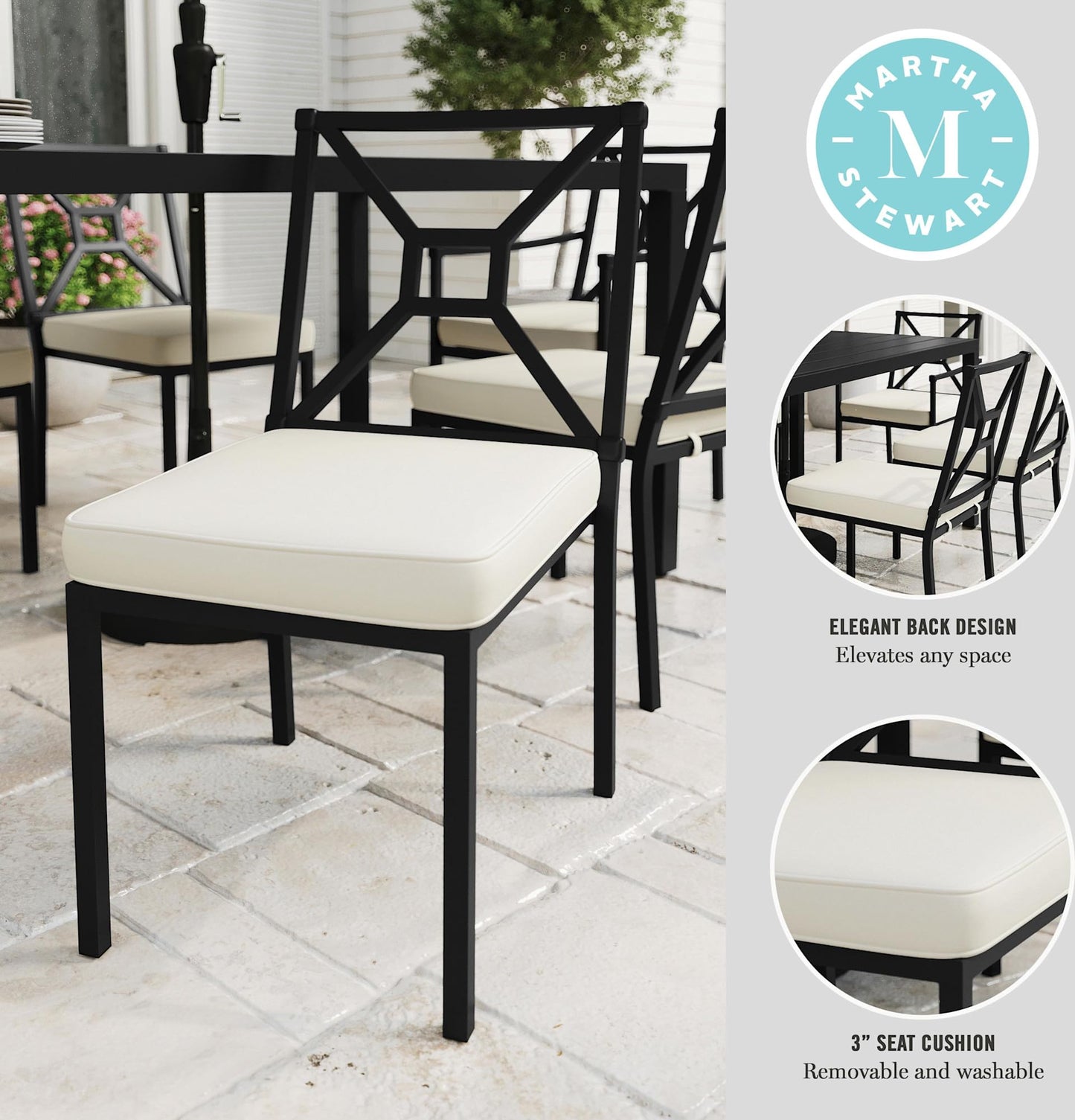 Martha Stewart Lily Pond All-Weather Stackable Patio Chairs with Elevated Backrest Design and Steel Frames in Black with Cream Cushions, Set of 2