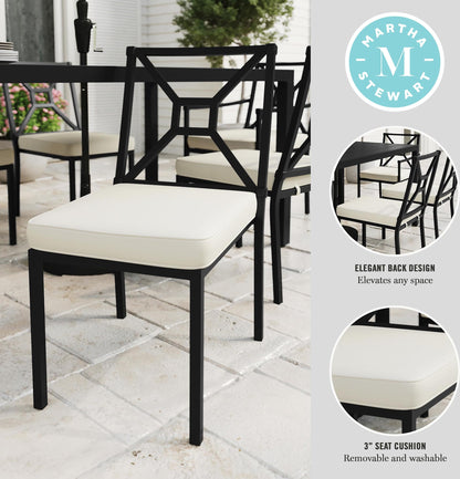 Martha Stewart Lily Pond All-Weather Stackable Patio Chairs with Elevated Backrest Design and Steel Frames in Black with Cream Cushions, Set of 2