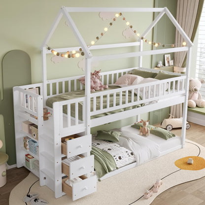Bellemave Bunk Bed Twin Over Twin, Bunk Bed with Slides and Stairs, House Bunk Bed with roof, Twin bunk Bed for Kids, Teens, Kids bunk beds, White
