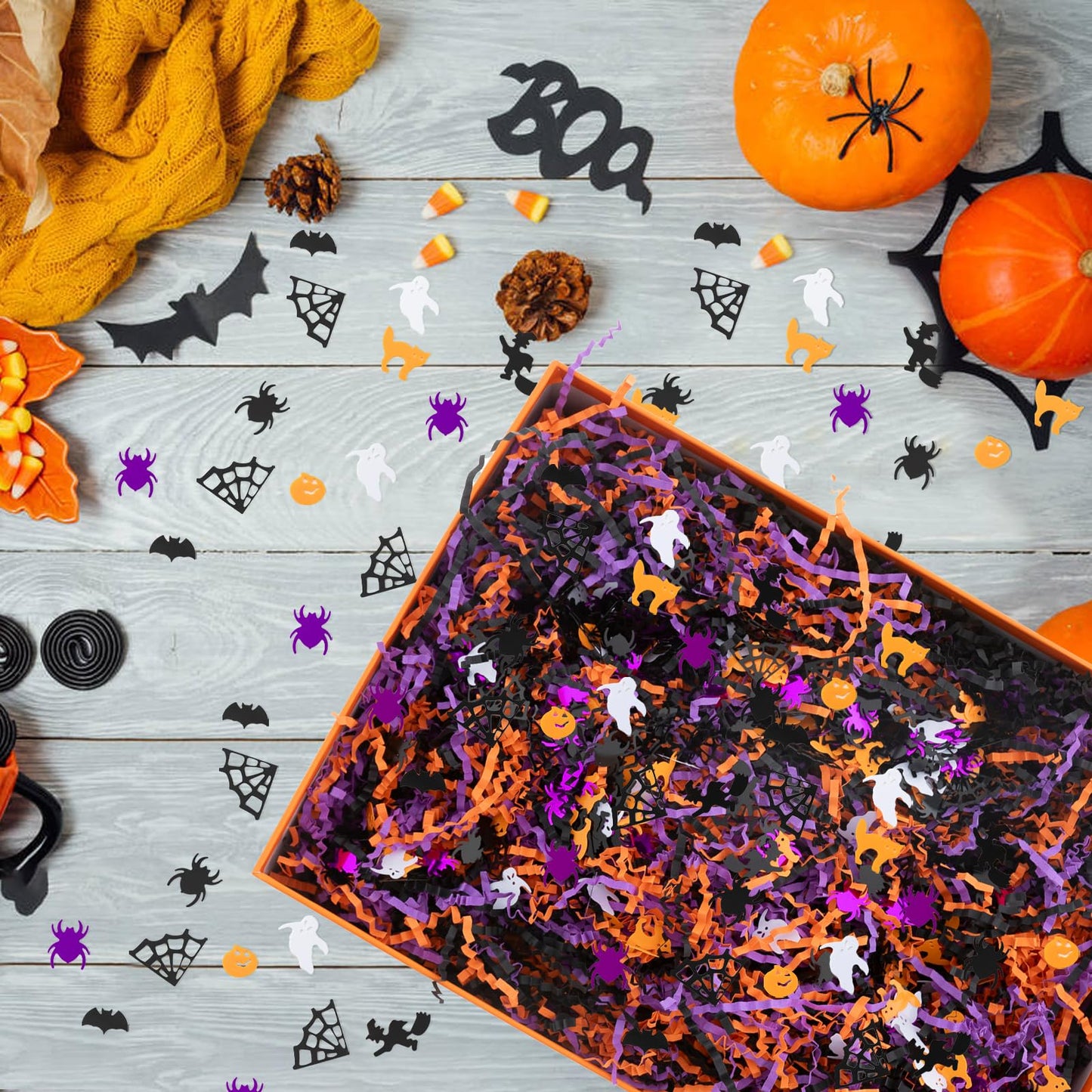 CIPOWM 16oz Halloween Crinkle Cut Paper Shred, 3 Colors Raffia Paper Shred Filler with Halloween Confetti Shredded Paper Grass for Gift Wrapping Craft DIY Gift Bag Box Filling Party Supply