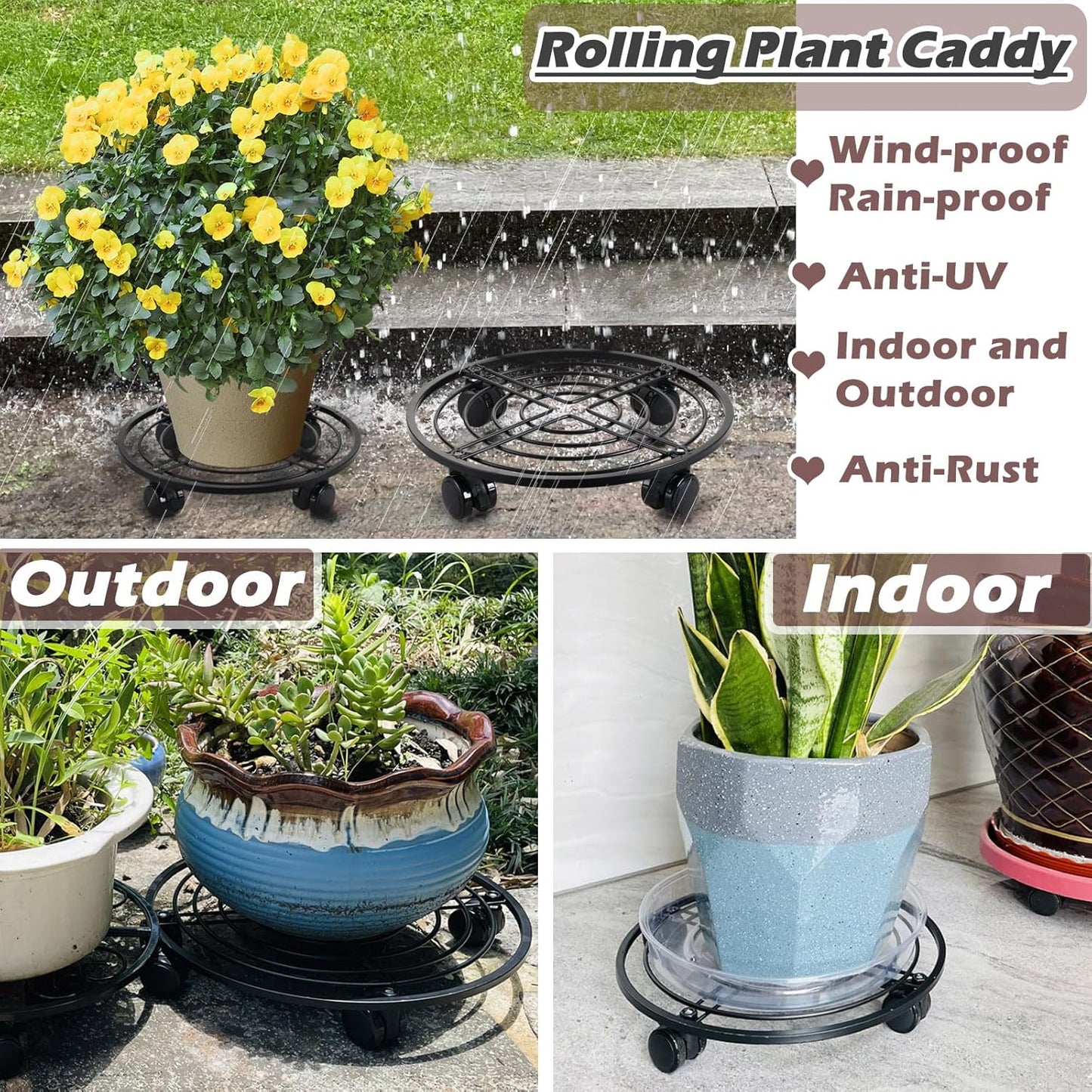 lucpur 12" 3 Packs Metal Plant Caddy with Wheels Large Rolling Plant Stands Indoor Wheeled Plant Dolly Heavy-duty