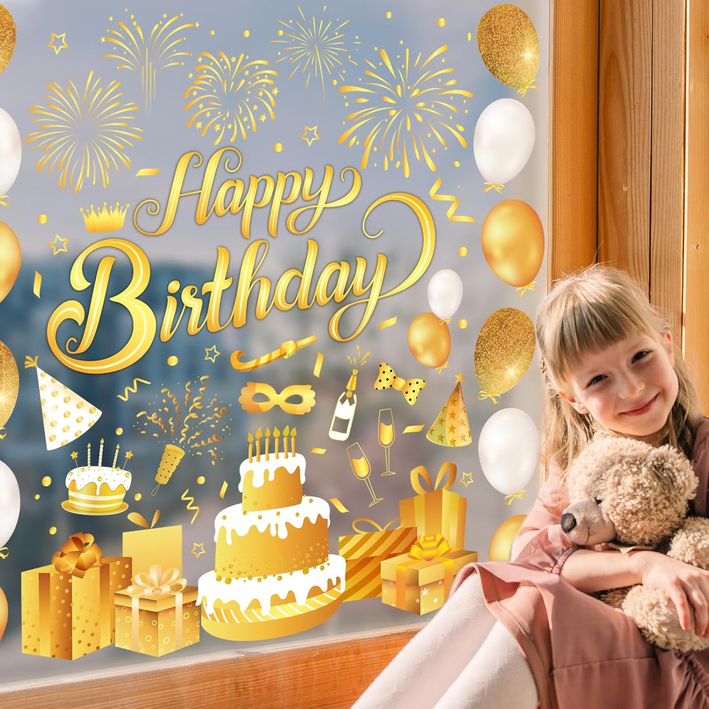 Whaline 134Pcs Birthday Window Clings, Gold Yellow Decals for Birthday Party Home School Decorations