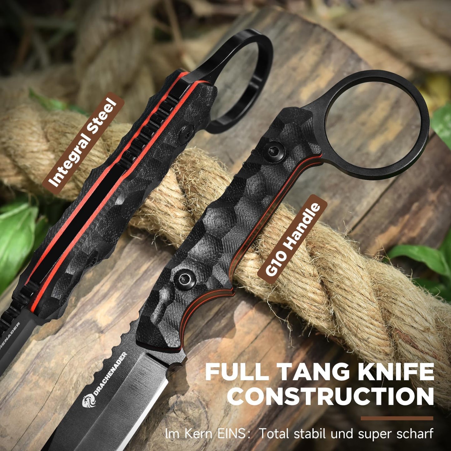 DRACHENADER EDC Fixed Blade Knife with Sheath 7.08" Small Horizontal Carry Knifes with Kydex Sheath, Full Tang 5Cr13MoV Stainless Steel, Black, Neck Knife, Men Gifts