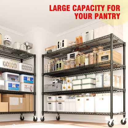 Metal Shelving Unit with Wheels, 72"H x 59"W x 17.7"D Garage Storage Shelves 4-Tier, Heavy Duty 2640LBS, Adjustable, Industrial Wire Rack Shelving Organizer, for Basement Home Office Kitchen, Black