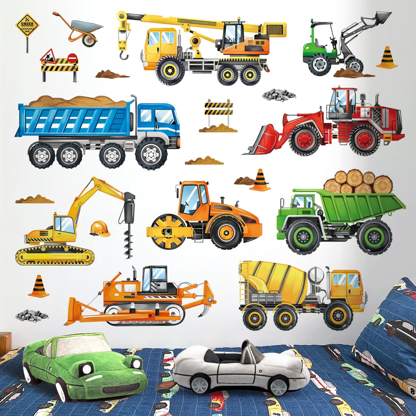 decalmile Construction Vehicles Wall Decals Cars Truck Tractor Wall Stickers Baby Nursery Boys Bedroom Kids Playroom Wall Decor
