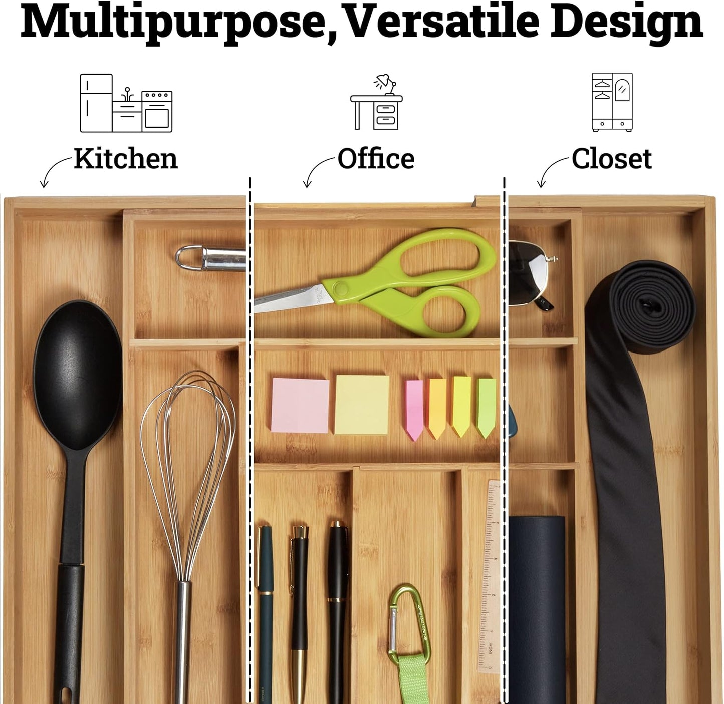 Dynamic Gear Premium Bamboo Silverware Organizer - Adjustable Kitchen Drawer Tray (6-8 slots)