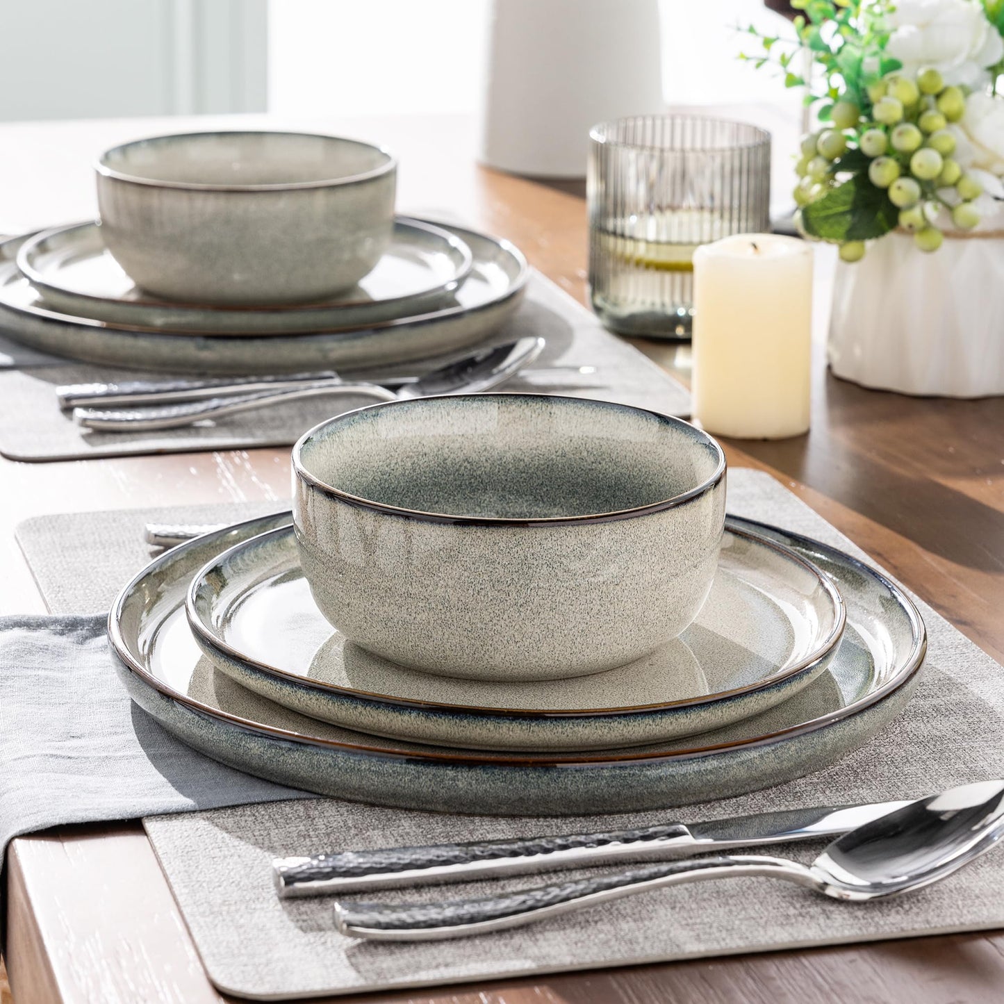 GBHOME Ceramic Dinnerware Sets for 4, 12 Pieces Stoneware Plates and Bowls Sets, Reactive Glaze Dishes -Scratch Resistant, Dishwasher&Microwave Safe, Green Wheat