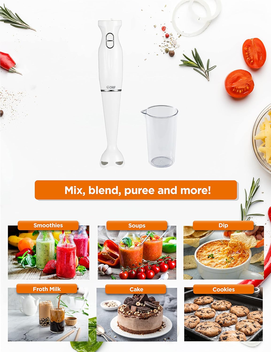 COMMERCIAL CHEF Immersion Blender, Hand Blender with Stainless Steel Blades, Quiet Motor, Electric Mini Blender for