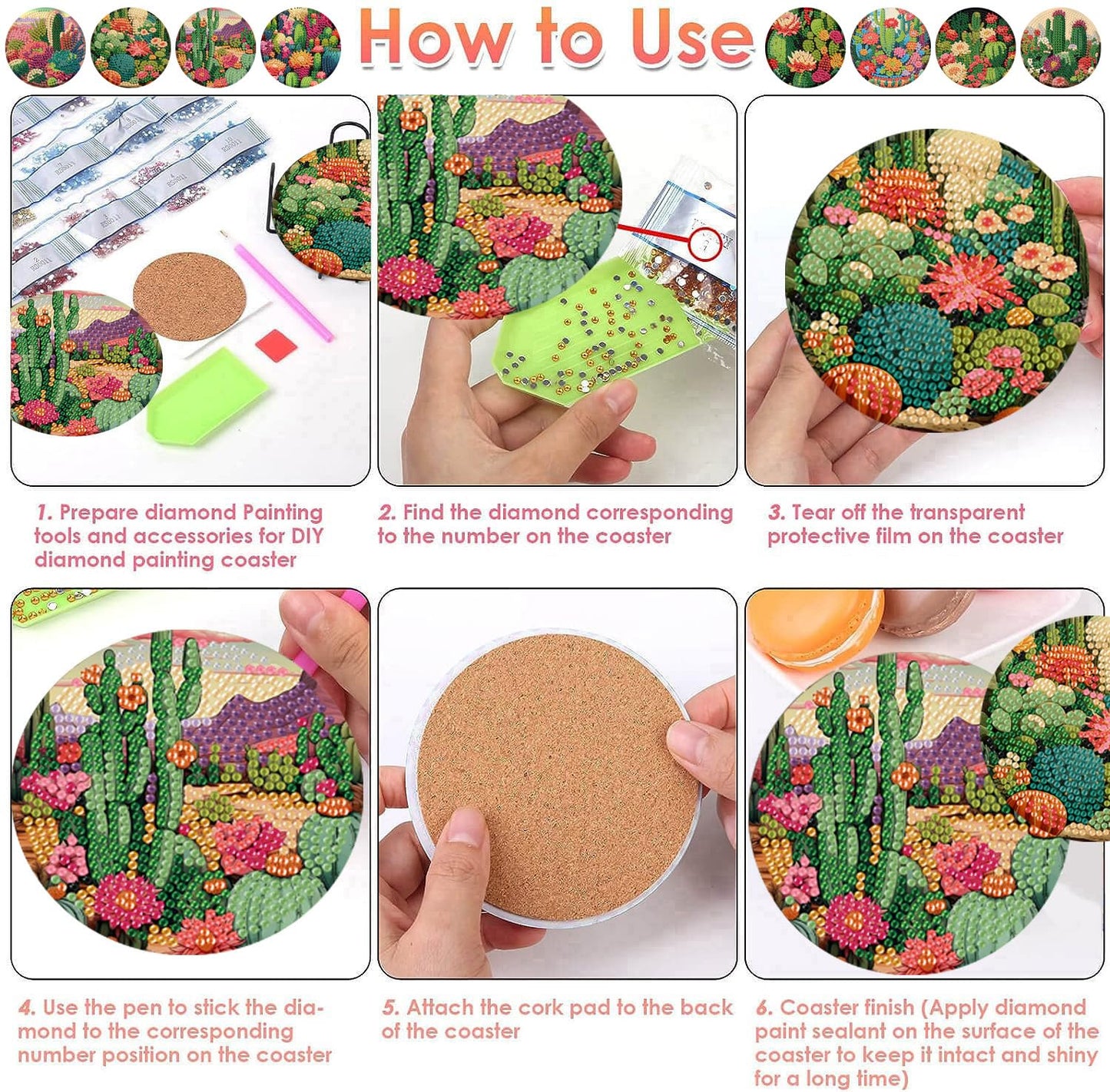 ijbnhd 8 Pcs Cactus Diamond Art Coasters Kit, Cactus Diamond Painting Coasters with Holder, Arts and Crafts Supplies Astral 4X4inch (Cork Wooden Pad)