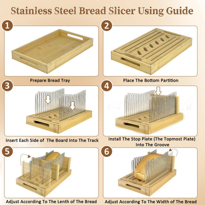 Bamboo Bread Slicer for Homemade Bread by Forest Manor - Adjustable Width Stainless Steel Slicing Guides & Crumb Tray -Sourdough Bread, Cakes, Loaves, Bagel Slicer - Kitchen Baking Tools & Gifts