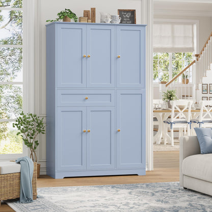 HOSTACK 68" Tall Kitchen Pantry Storage Cabinet, Modern Kitchen Hutch Cabinet with Doors and Shelves, Freestanding Food Pantry with Large Storage Drawer for Dining Room, Living Room, Light Blue