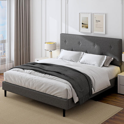 Mxhtcewz King Size Linen Bed Frame, Upholstered Platform Bed Frame with Adjustable Headboard, Wooden Slats Support, No Box Spring Needed, Easy Assembly, Grey