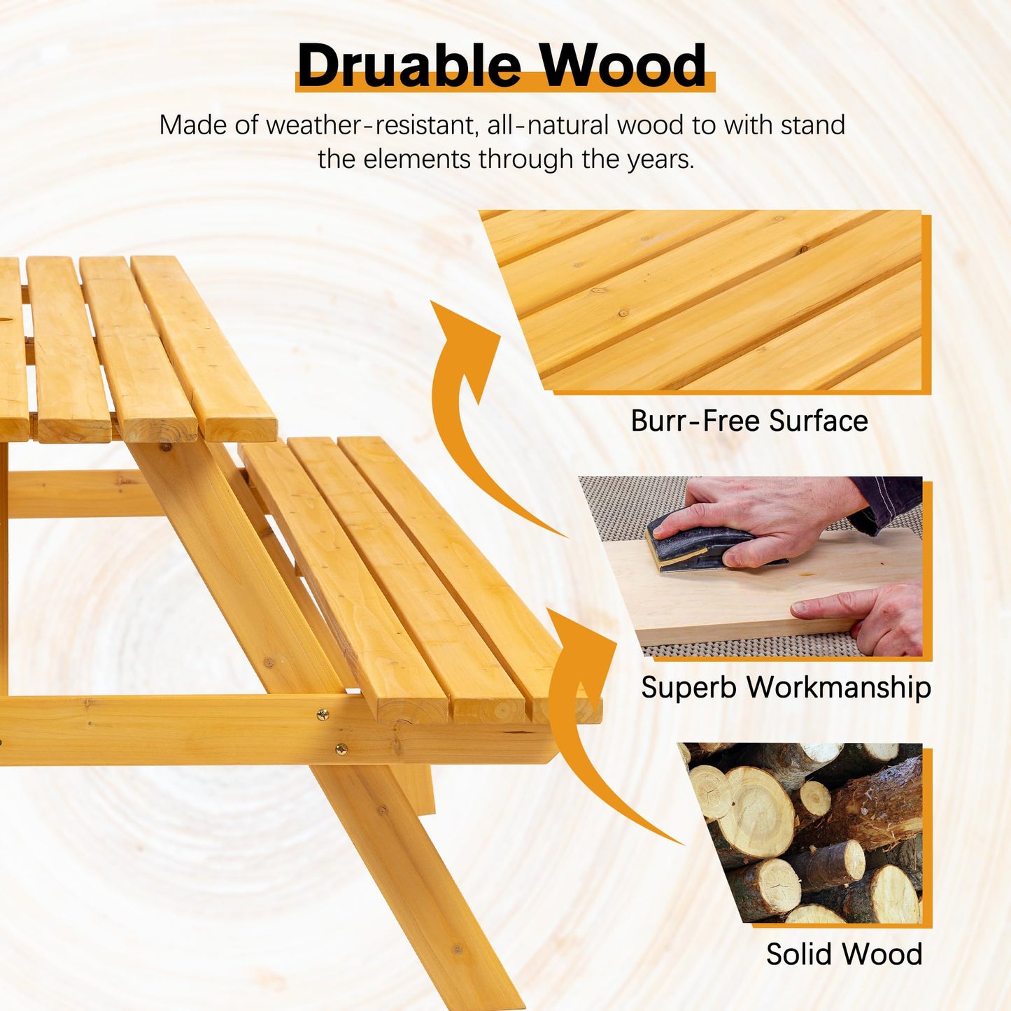 RocVanc Premium Picnic Tables Outdoor Wooden Picnic Table Set with Benches & Umbrella Hole - Stylish and Spacious Seating for 6-8 People - Perfect for Backyard, Porch, and Garden Gatherings