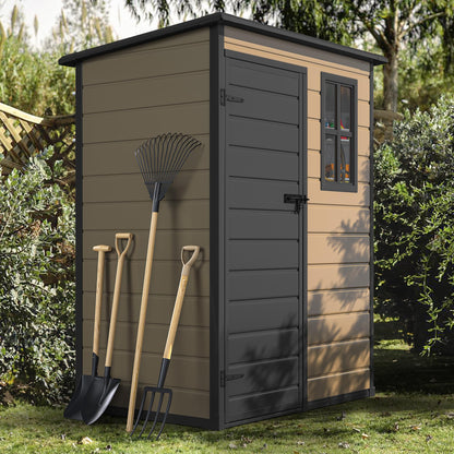 DWVO 5x3ft Resin Outdoor Storage Shed with Floor, Waterproof Lockable Storage Shed with Window, Plastic Outside Tool Storage for Garden, Backyard, Patio, Lawn, Brown