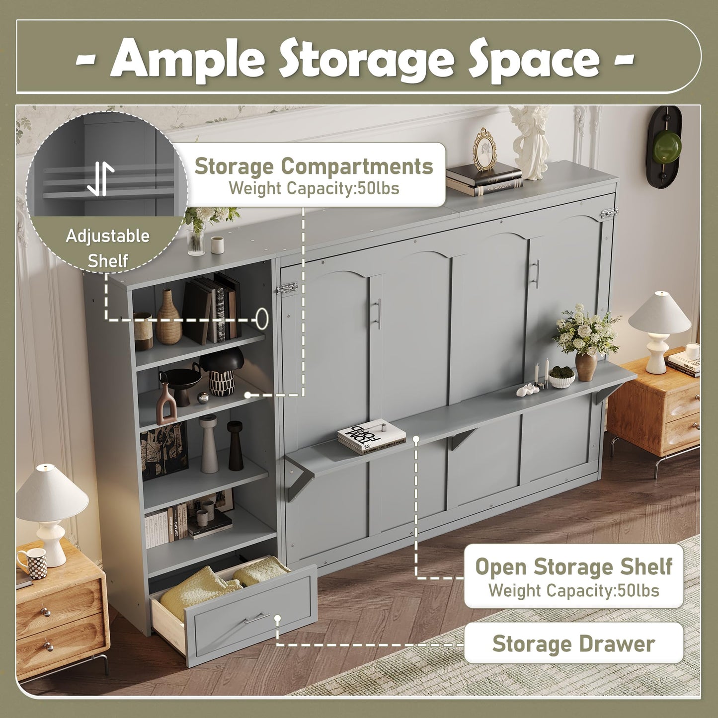 GDFStudio Queen Size Murphy Bed with Storage Compartments and Shelf, Wall Bed Frame with Adjustable Shelves and Drawer, Foldable Platform Bed for Guest Room Bedroom, Gray