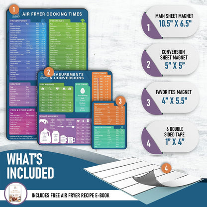 Air Fryer Magnetic Cheat Sheet Set by Linda’s Essentials - Quick Reference Guide for Cooking Times & Kitchen Conversions