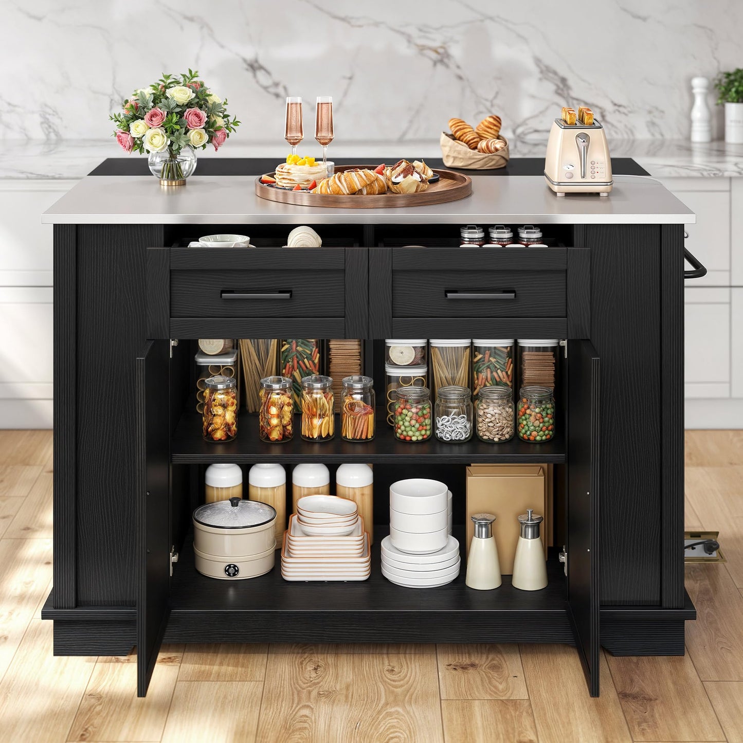 DWVO Kitchen Island w Stainless Steel Top Drop Leaf Bar Seating Power Outlet, 47" Portable Rolling Mobile Center Islands w Folding Dropleaf Storage Drawer Cabinet Wheel Counter Height Metal Top, Black
