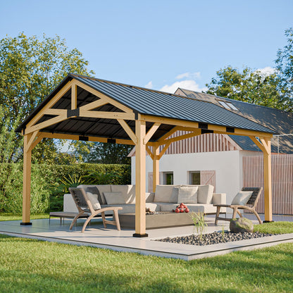 COOS BAY 13x15 Hardtop Gazebo with Cedar Wood Frame, Post-and-Beam Gazebo Shelter, Galvanized Steel Gable Roof Outdoor Pavilion for Garden, Lawn, Poolside, Patio, Deck, Natural Wood/Black
